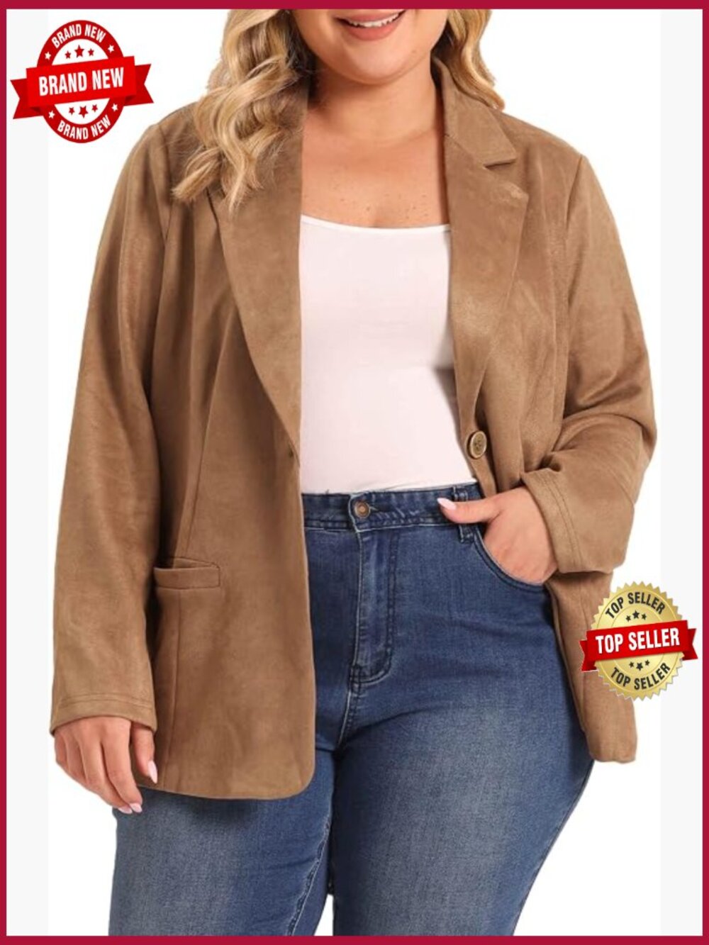 Plus Size Faux Suede Blazer Lapel Collar Button Front Work Jacket